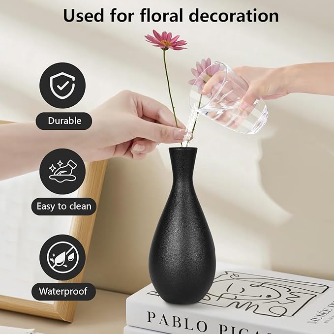 Black Ceramic Vases Set of 4, Handmade Classic Matte Vases for Home Decor,Rustic Bud Vases Decorations for Table,Shelf,Office,Housewarming, (Black)