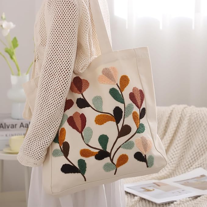 Aesthetic Embroidery Tote Bag for Lady Cute Reusable Canvas Shoulder Bag for Girls Women Shopping Grocery