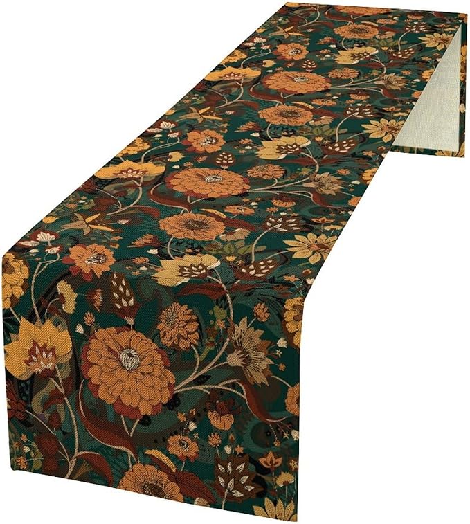 Orange Boho Floral Table Runner, Vintage Bohemian Home Kitchen Table Decoration for Birthday Party Picnic Decoration 13x90 Inch 1PCS