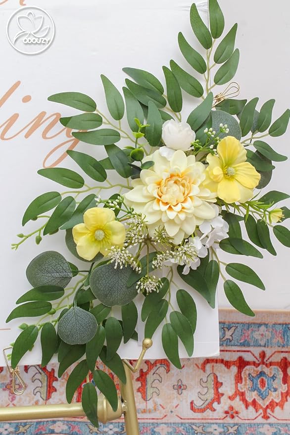 Pack of 2 Wedding Arch Decorations Artificial Hanging Flowers Floral Swag for Wedding Welcome Sign Backdrop Balloon Arch Home Party Bridal Ceremony Reusable(Yellow)