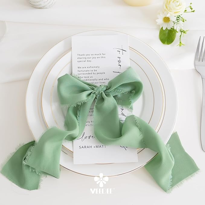 MEEDEE Sage Chiffon Ribbon 3 Inch Green Frayed Ribbons Sage Green Chiffon Silk Light Green Ribbon Wide Chiffon Ribbons for Crafts, Flower Bouquet, Wedding Favors Wrapping (2 Rolls 10 Yards)