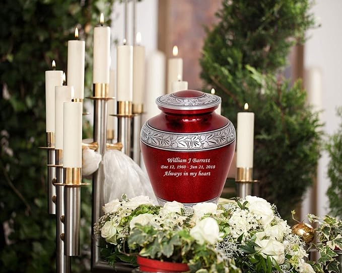 MEMORIALS 4U Custom Engraved Cremation Urn - Handcrafted Urn for Human Ashes - Affordable Urn for Ashes with Velvet Bag (Red Glitter)