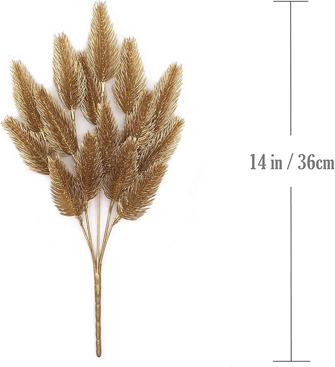 PASYOU Fake Plants, Artificial Flowers Decoration for Christmas Golden Pine Grass Plastic Faux DIY Crafts Indoor Outdoor Home Garden Party Room Bedroom Wedding Table Centerpiece Decor, Gold 4 Pack