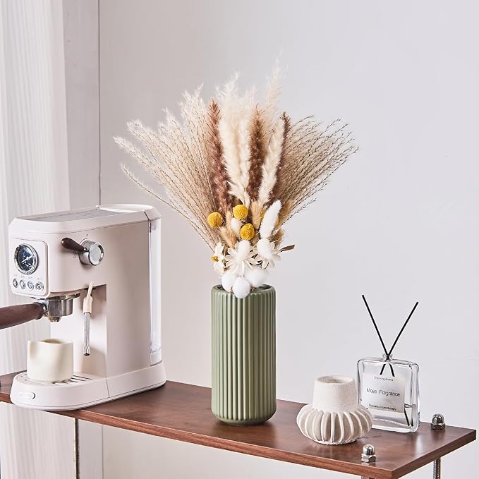 Green Ceramic Flower Vase for Pampas Grass, 10 inch Large Decorative Centerpiece Ribbed Vase for Dining Table, Office Desktop, Shelf Bookshelf, Mantel, Entryway, Bathroom, Countertop, Farmhouse, Gift