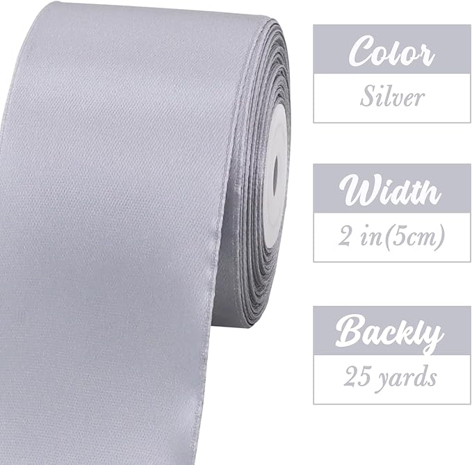 TONIFUL 2 in x 25 Yds Wide Silver Satin Ribbon Solid Fabric Ribbons Roll for Crafts Chair Sash Valentine's Day Gift Wrapping Invitation Cards Floral Hair Bows Sewing Party Wedding Car Decoration