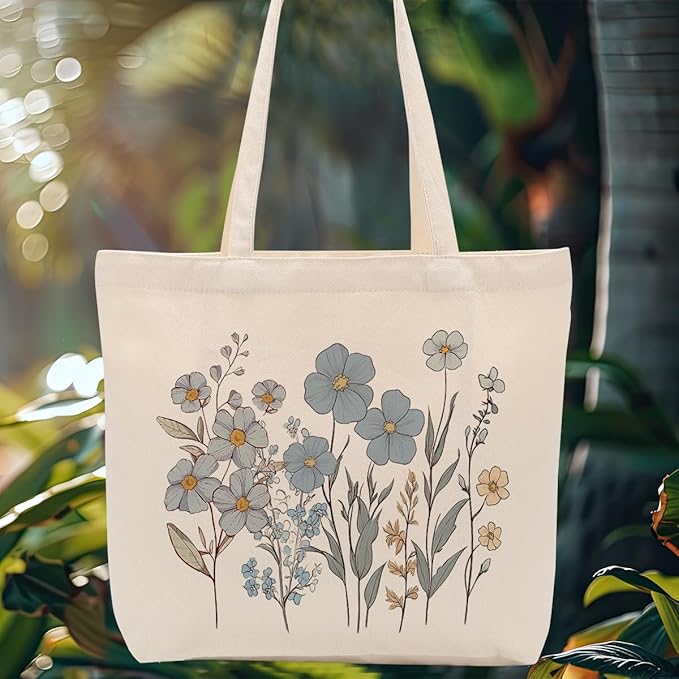 Aesthetic Floral Canvas Tote Bag for Women with Pocket, Tote Bags for Grocery Shopping Work Gym Christmas Birthday