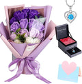 Roses Bouquet Artificial Flower - Preserved Red Rose Flowers with Love Necklace for Her Unique Gift for Birthday, Valentine's Day, Mother's Day, Thanksgiving, Christmas, Anniversary (Purple and White)