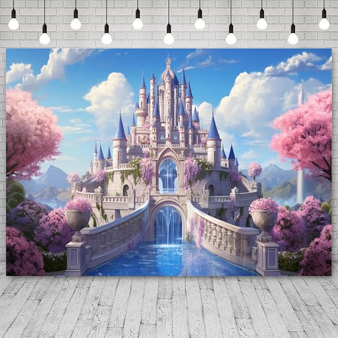 8x6ft Princess Castle Backdrop Pink Floral Blue Sky Photography Background White Cloud Forest Mountain Girls Birthday Baby Shower Banner Decorations Wedding Party Portrait Photo Booth Prop