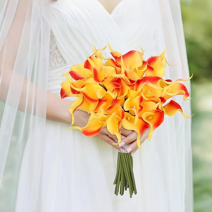 24 Pcs Orange Artificial Calla Lily Flowers Fake Orange Silk Flowers Real Touch for Wedding Bouquet Office Home Kitchen Decor