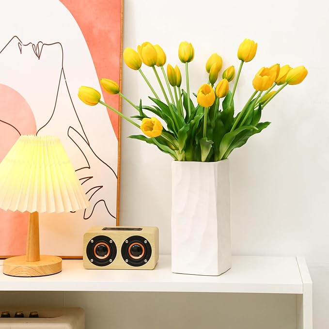 Artificial Tulips 20pcs Fake Yellow Tulips Real Touch, Faux Latex Tulips Flowers with Gift Box for Party Wedding Home Room Decoration
