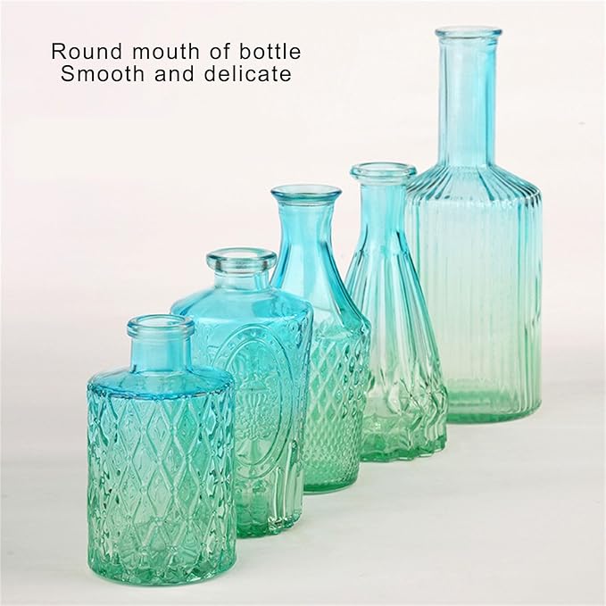 5Pieces Embossing Glass Vases Set Gradients Small Flower Buds Vases for Home Decors and Centerpieces Floral Arrangements
