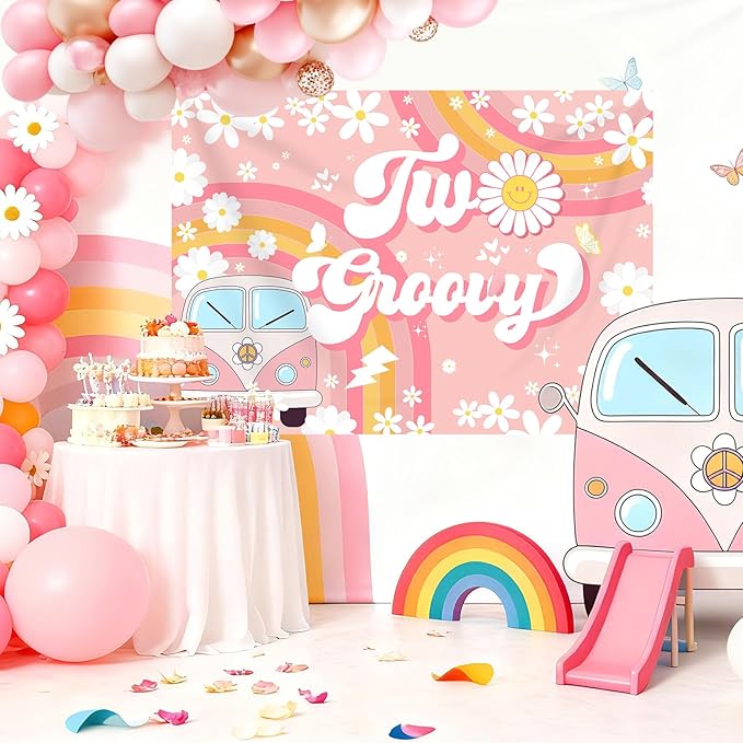 Two Groovy 2nd Birthday Backdrop for Girls Daisy Flower Boho Rainbow Photography Background Retro Hippie Peace Love Second Birthday Party Decorations Banner Supplies Photo Booth Props 7x5ft