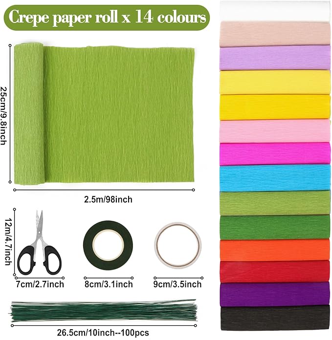 14 Colors Crepe Paper Rolls, 9.8 x 98 Inch Wide Crepe Paper Sheets with 100 Pcs Green Floral Iron Wire, Floral Band, Double-Sided Tape, and Scissors for Birthday Parties Weddings Festival Decoration