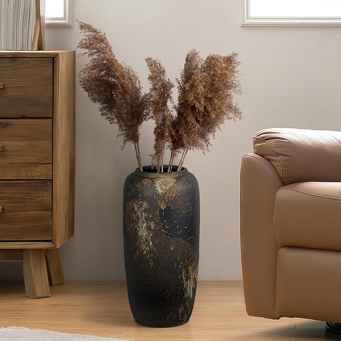 Rustic Ceramic Tall Floor Vase,15.7 Inch Black Large Pottery Farmhouse Decor Floor Vase for Living Room Entryway Table Centerpiece Decor,Vintage Terracotta Vases,Wedding Gift