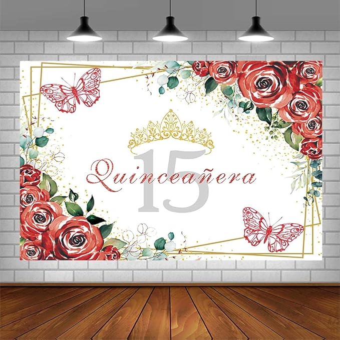 SENDY 8x6ft Quinceañera Backdrop Mis Quince 15 Anos Birthday Party Decorations Supplies for Girl Princess Red Floral Flowers Butterfly Gold Crown Photography Background Banner Photo Booth Studio Props