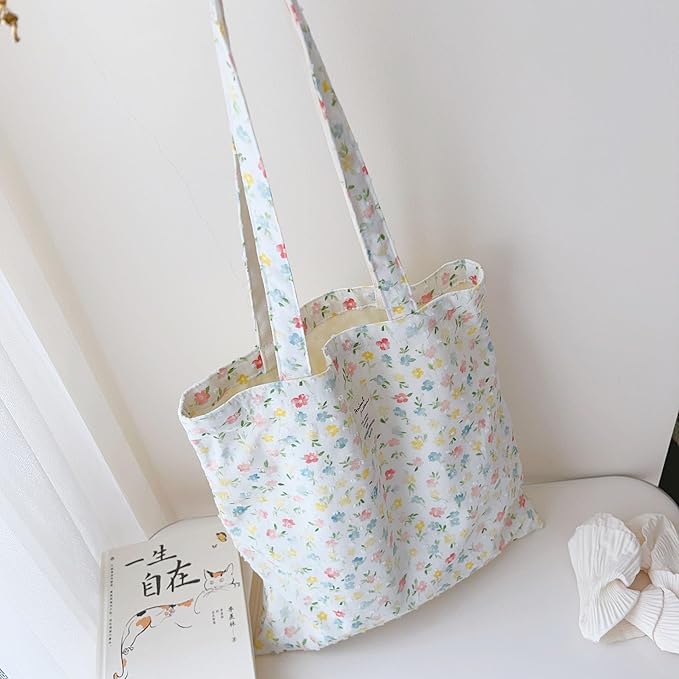 Cotton Canvas Tote Bag Reusable Soft Grocery Cloth Bag Floral Shoulder Bag for Beach Travel Shopping