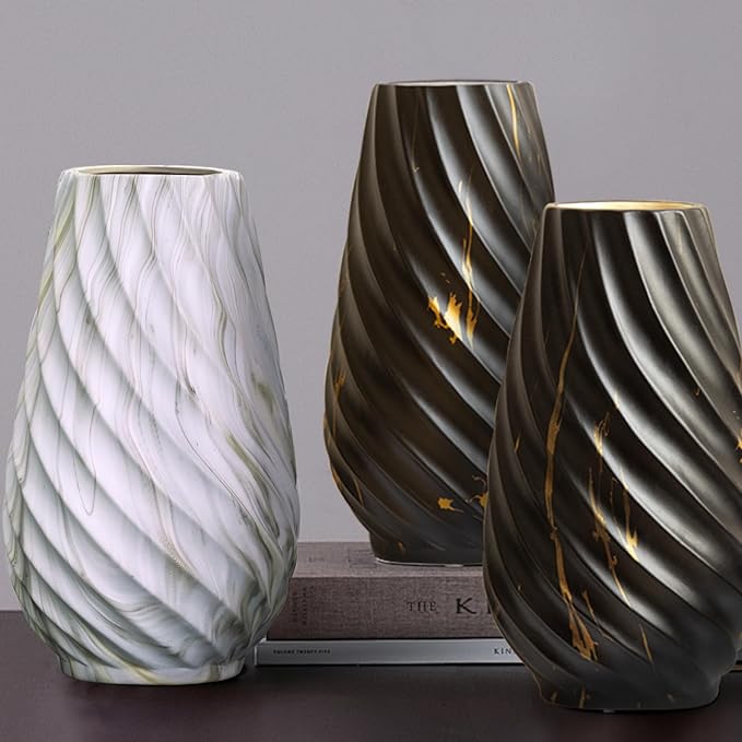 10 inch Tall Ribbed Ceramic Vase for Flowers,Boho Vases for Pampas Grass,Wood Grain Exterior vase,Simple Modern Decorative Vase for Home Decor Table Centerpieces(White)