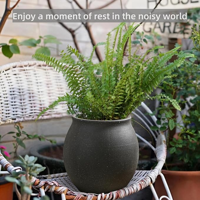 Large Black Ceramic Vase,Wide-mouthed Round Planter with Drainage Hole, 9.7 Inch Tall Minimalist Farmhouse Decor for Indoor Flowers, Plants, Table Centerpiece, Shelf, Floor,Living Room (Matte Black)