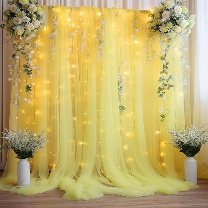 30ft x 10ft Yellow Backdrop Curtain with Lights String for Parties, Sheer Tulle Wedding Photo Backdrops Drapes for Baby Shower Birthday Party Decorations Background for Photography