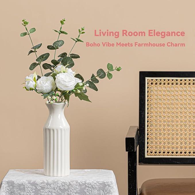 White Ceramic Vase - 8.3" Unique Flower Vase with Vertical Ribbed Texture, Decorative Boho/Farmhouse Vase for Living Room, Office Desk & Housewarming Gift (for Her/Yourself)