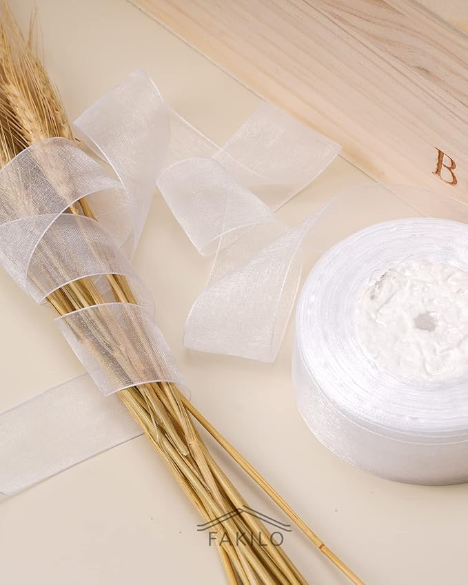 White Organza Ribbon for Gift Wrapping, FAKILO 1/2 Inch Sheer Wrapping Ribbon for Bouquet, Wedding, Christmas Gift - 50 Yards Each Roll