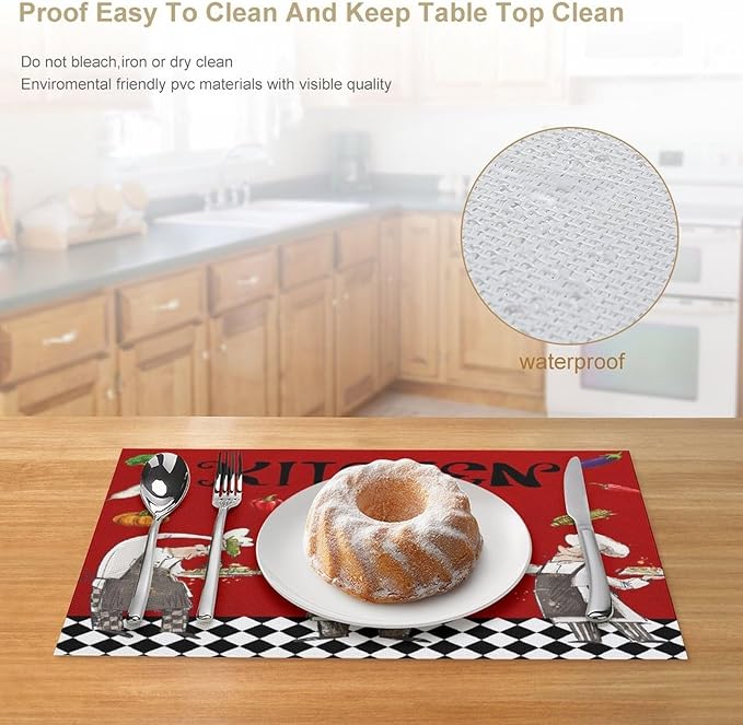 Chef Cooking Placemats Cartoon Rustic Vegetable Fruit Lattice Pastry Fat Chef Carrot Corn Gourmet Cookware Placemats Table Kitchen Dining Party 12x18 Inch Set of 4