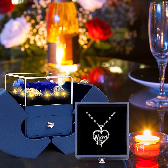 Gifts for Mom from Daughter and Son, Unique Mother Birthday Gift Idea, Preserved Blue Real Roses with I Love You in 100 Languages Mom Necklace, Cool Present to Mother Mama-Blue