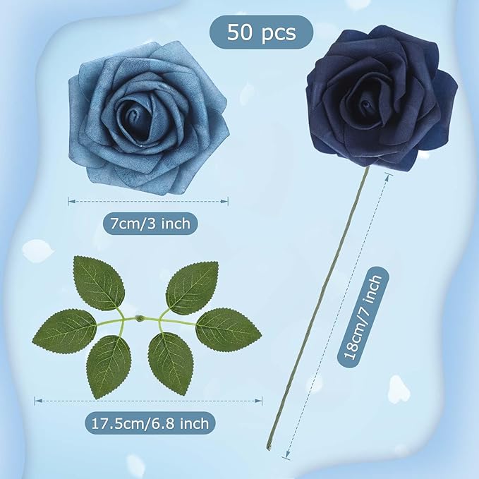50 Pcs Artificial Foam Rose Flowers Faux Bouquet with Leaves and Stems for DIY Wedding Bouquets Centerpieces Bridal Shower Party Valentine Home Decorations (Shades of Blue)