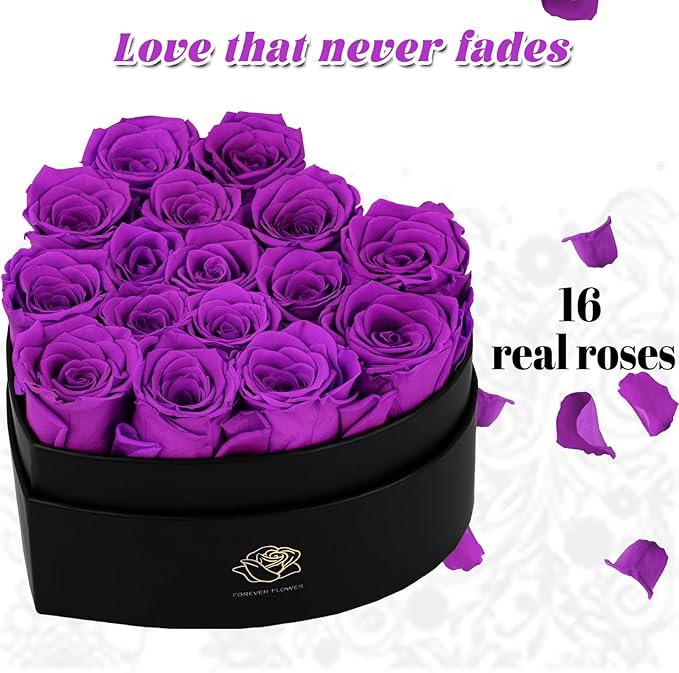16-Piece Forever Flowers Heart-Shaped Box – Real Immortal Preserved Roses Lasting a Year, Perfect for Birthday, Girlfriend, Mother, or Wife, Valentine Day Gift for Her - Violet