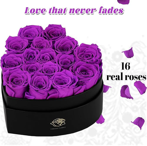 16-Piece Forever Flowers Heart-Shaped Box – Real Immortal Preserved Roses Lasting a Year, Perfect for Birthday, Girlfriend, Mother, or Wife, Valentine Day Gift for Her - Violet