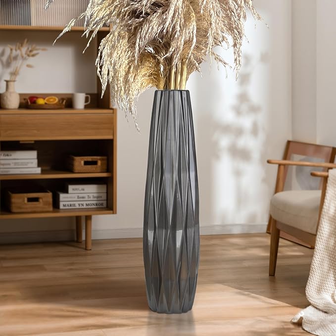 Silvery Ceramic Tall Floor Vase,28 Inch Large Modern Flower Vases for Home Décor,Wicker Big Floor Vases Decorations for Farmhouse, Living Room,Bedroom,Standing Plastic Vase Decorative Tall