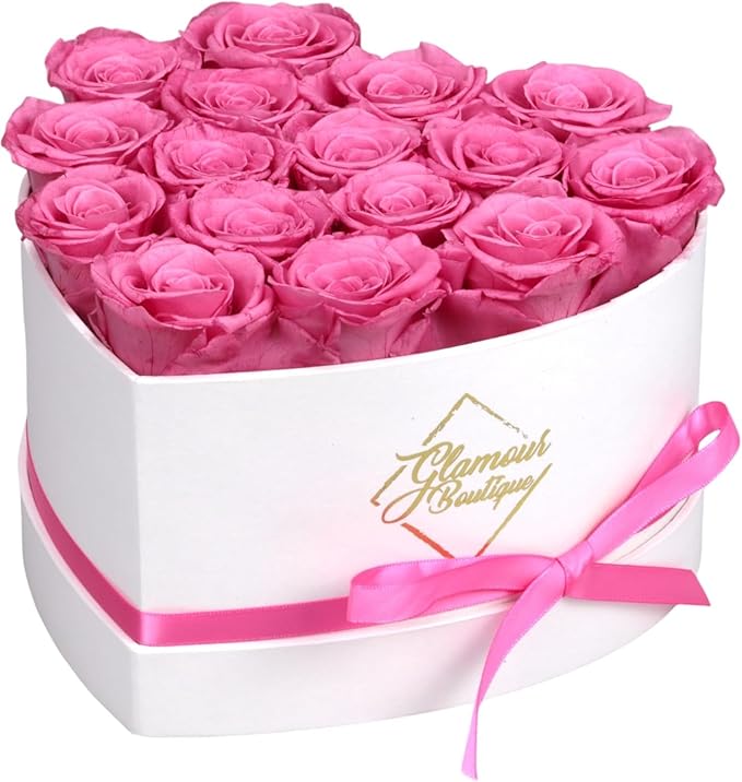 GLAMOUR BOUTIQUE Preserved Roses in a Box - Gifts for Her, Wife & Mom, Rose Flowers Forever Decor for Birthday Gift, Get Well Flower Bouquet Cased in White Box with Cover - Pink - 16-Piece