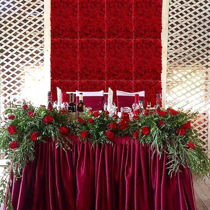 BLOSMON Flower Wall Panel Backdrop - 12 Pcs 24 x 16 Inch Red Artificial Hydrangea Floral Panels for Wedding Party Baby Bridal Shower Decor - 3D Fake Silk Flower Backdrop Decoration