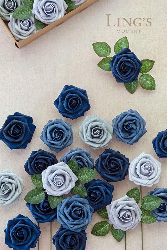 Ling's moment Artificial Flowers, 50Pcs 3" Roses in Dusty Blue Shades, Realistic DIY Foam Floral Decor for Wedding Bouquets/Centerpieces, Outdoor Party Backdrops, Room/Table, Garden/Pot Decorations