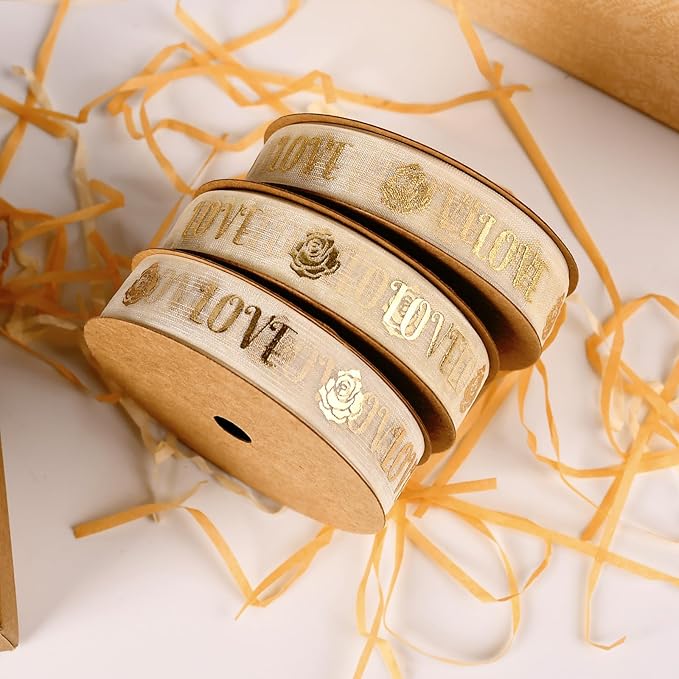 ‌SAYUAN Gold Love Ribbon 5/8 Inch x 30 Yards Organza Ribbon with Gold Love Pattern for Valentine's Day Birthday Christmas Gift Wrapping Handmade Crafts Floral Bouquet Wedding Party Decoration
