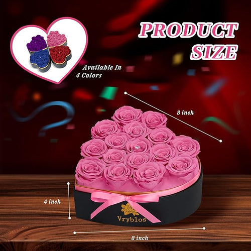 16 Pieces Forever Flower Heart Shape in a Box Preserved Blue Roses for Delivery Grade A Quality 100% Real Immortal Flowers Eternal Birthday for Her Mom Women Wife Girlfriends (Pink)