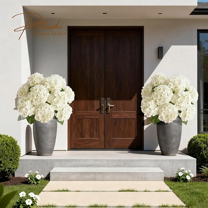 A Bunch 21in， White Real Touch Hydrangea Artificial Flowers， with 5pcs Flower Head 10pcs Leaves， Faux Hydrangea Flowers for Home Office Decor Wedding Party Arrangements (1, White)