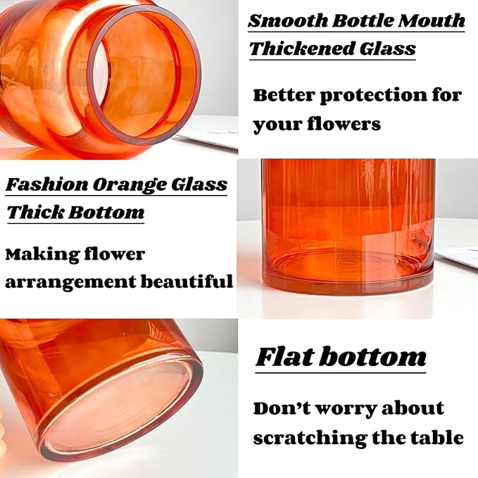 BLOFLO Orange Glass Vase, 7 Inch Large Glass Vase for Flowers, Modern Thick Glass Flower Vases for Centerpieces, Decorative Glass Cylinder Hydroponic Vase for Wedding, Home, Office (Orange, 7Inch)