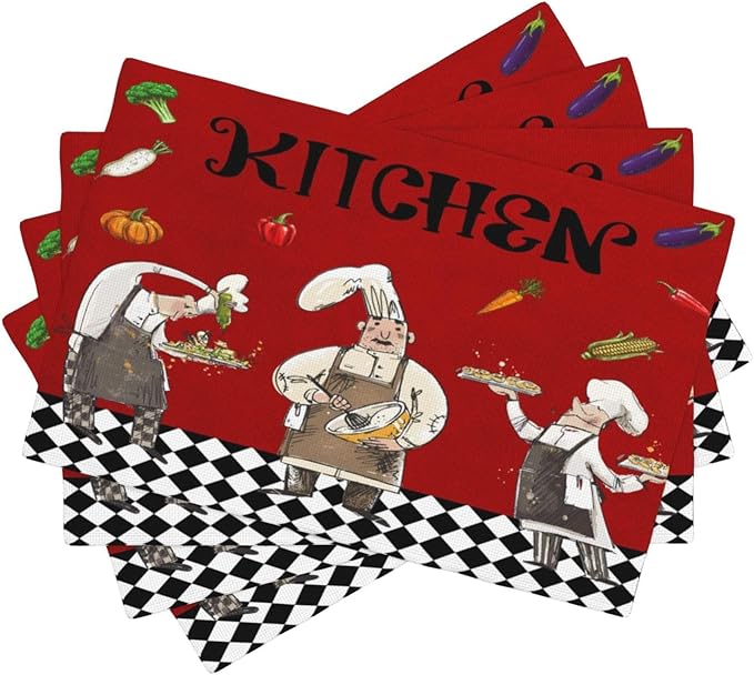 Chef Cooking Placemats Cartoon Rustic Vegetable Fruit Lattice Pastry Fat Chef Carrot Corn Gourmet Cookware Placemats Table Kitchen Dining Party 12x18 Inch Set of 4