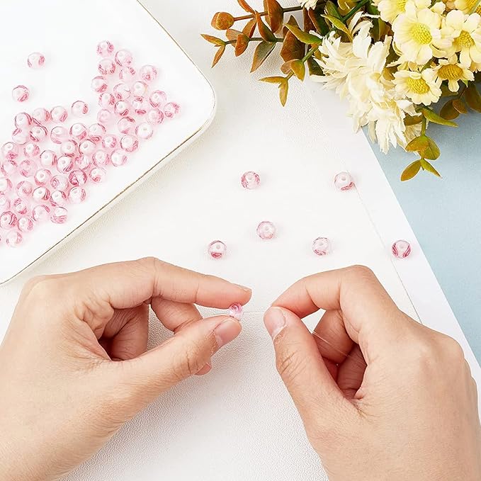 PH PandaHall 70pcs 6~8mm Rose Lampwork Beads Silver Foil Glass Beads Flower Glass Beads Floral Handmade Lampwork Beads Round Loose Beads for Rosary Making Jewelry Craft Making 2mm Hole - Sliver Pink