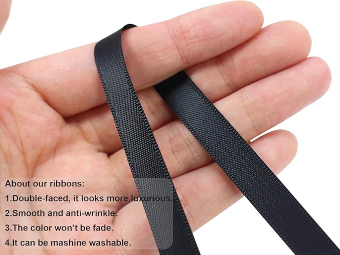 Black Double Faced Satin Ribbon 3/8 inch Flower Boutique Gift Wrapping Ribbon 10mm 100yards Continuous Fabric Silk Bow Ribbon for Christmas-DIY Crafts Hair Headband-Sewing-Wedding Decorations
