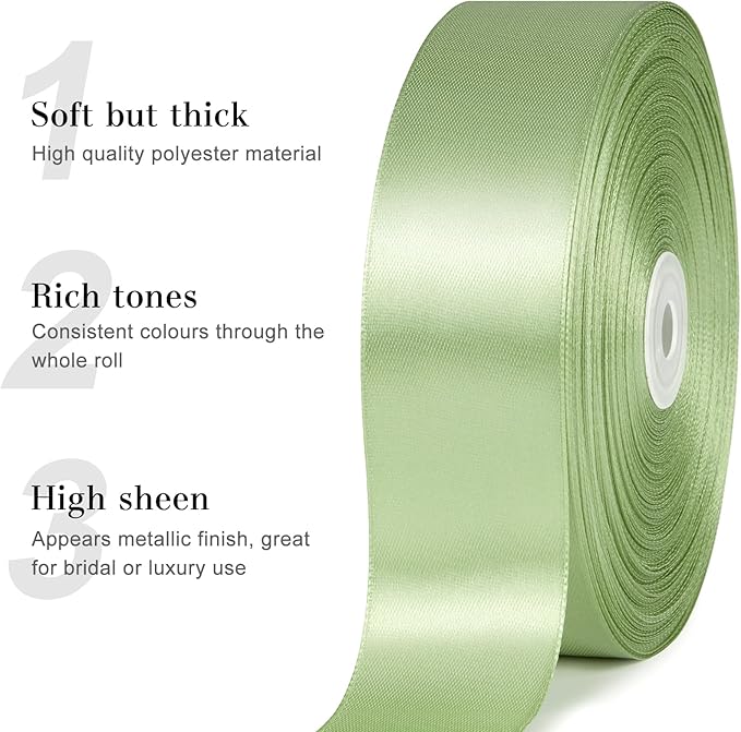 1-1/2 Inches 100 Yards Sage Green Satin Ribbon, Ribbon Roll for Flower Bouquets, Gift Wrapping, Wedding, Handmade Crafts