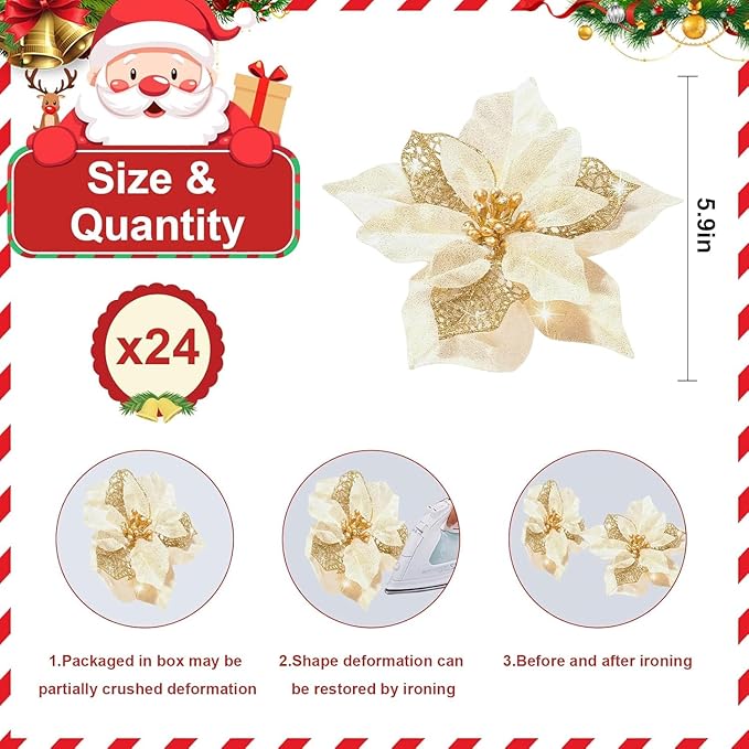 24 Pcs Christmas Poinsettia Flowers Artificial with Clips, 5.9" Christmas Decor Glitter Poinsettia Flowers for Christmas Tree New Year Wedding Party Wreath DIY Garland Decor (Gold)