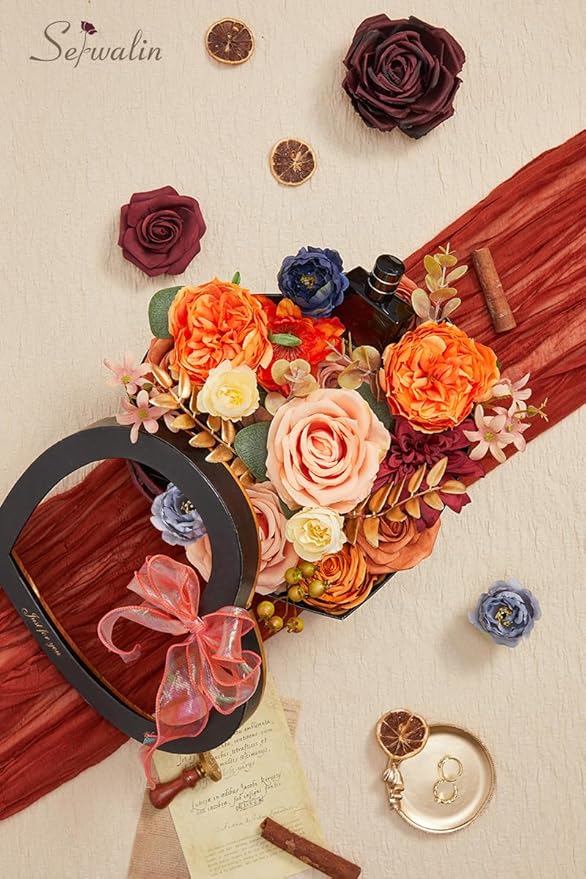 Serwalin Artificial Fall Flowers Orange Burgundy Silk Flowers Wedding Flowers Combo for Cake Home Party Decoration, Fake Flowers for Bridal Bouquets Floral Arrangements