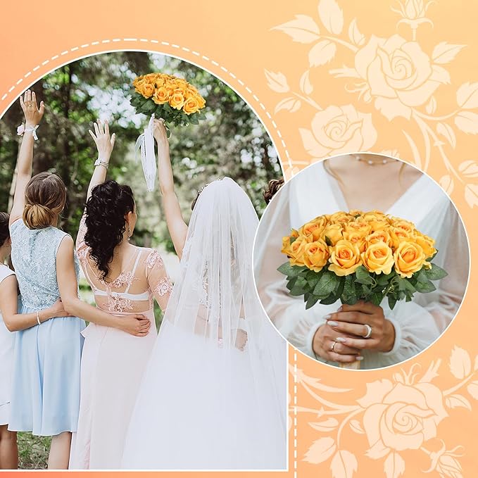 30pcs Fake Roses Artificial Silk Flowers Long Stems Bouquet for Wedding Bridal Shower Party Home Decoration (Gradient Yellow)
