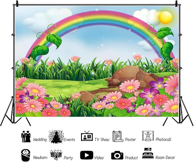 AOFOTO 12x8ft Cartoon Spring Flowers Rainbow Backdrop Meadow Sweet Floral Blossom Sky Sun Enchanting Garden Scenery Background for Kids Baby Shower Birthday Party Decor Wallpaper Photoshoot Props