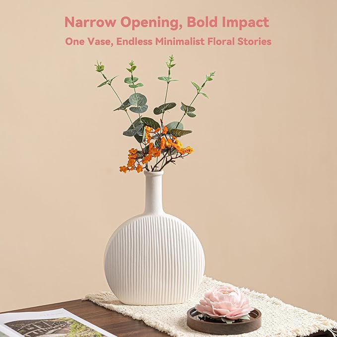 White Ceramic Vase with Vertical Fluted Texture - 9.8" Unique Flower Vase for Pampas Grass & Centerpieces, Decorative Boho/Farmhouse Vase for Living Room, Office Desk & Gift for Her/Yourself