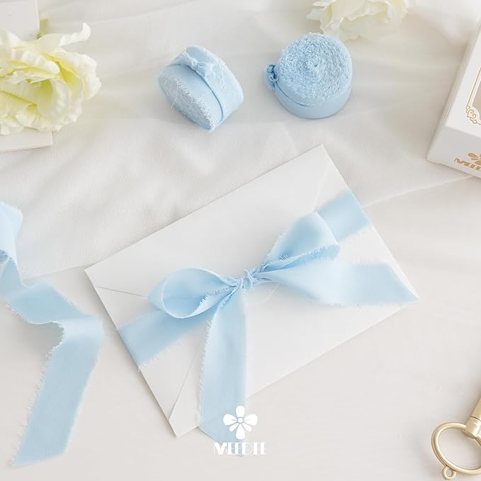 MEEDEE Light Blue Chiffon Ribbon 1 Inch Fringe Ribbons Baby Blue Chiffon Silk Frayed Edge Ribbon Thin Chiffon Ribbons for Crafts, Gift Wrapping, Wedding Invitation (3 Rolls 21 Yards)