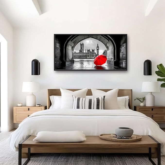 London City Large Wall Art Black and White Framed Red Wall Decor for Living Room, Big Ben Pictures Oversized Canvas Print Painting Modern Extra Large Framed Artwork for Bedroom Office 60"x30"