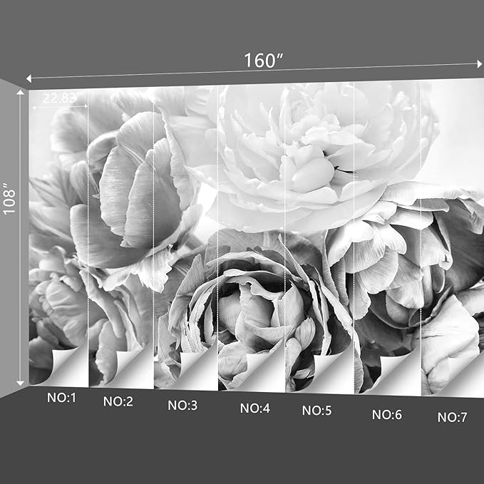 Grey Peony Floral Wallpaper Bedroom Black and White Flowers murals Aesthetic Room Decor Living Room tv Background Large Wall Mural - 160"x108" Not Peel and Stick